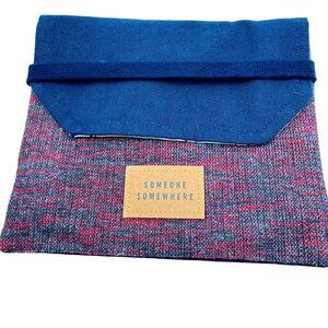 Someone Somewhere Artisan Travel Pouch Gray Red Fabric Blue Fold Over Flap